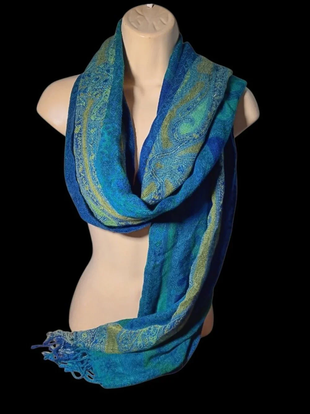 Womens Long Rectangular Fleur De Lis Tasseled Scarf Blue Green Yellow Scarf